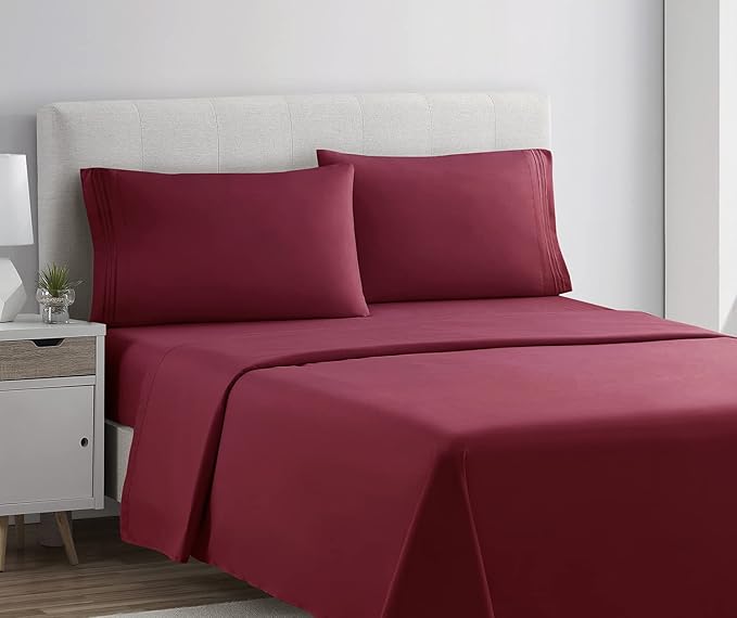 Clara Clark Bed Sheets, Premier 1800 Series 4 Piece Bed Sheet Set, Deep Pocket, Wrinkle, Fade, Stain Resistant, Luxury Soft Bedding Sheets & Pillowcases, California King, Burgundy Red
