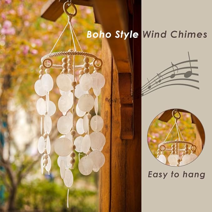 Capiz Shell Wind Chime, Shell Wind Chimes for Outside, Sea Glass Seashell Windchimes Outdoors, Unique Outdoor Boho Decor for Patio Garden Balcony Porch, 7" W X 23" H, Remmdan