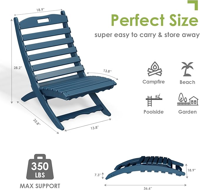 GREENVINES Folding-Xavier-Chair | Wave | Portable Adirondack-Chairs | HDPE Plastic | All Weather Fire-Pit Chair | Blue | for Beach Outdoor Deck Poolside Garden Patio Porch Fishing