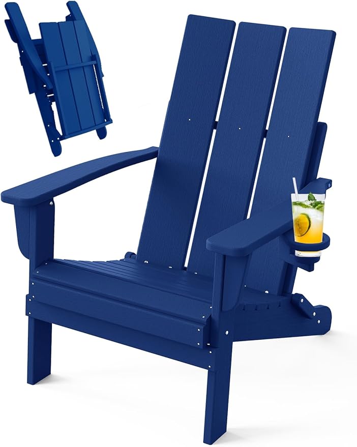 Adirondack Chair with Cup Holder, Folding Outdoor Lawn Chair, HDPE Plastic Fire Pit Chair, Weather Resistant Patio Chairs for Deck, Porch, Backyard, Garden, Navy Blue