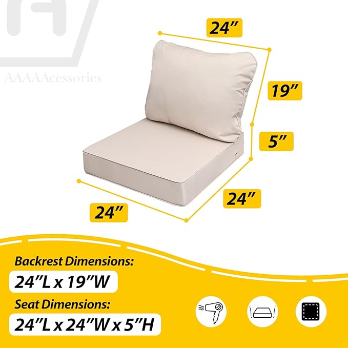 AAAAAcessories Outdoor Deep Seat Cushions, Waterproof, Fade-Resistant Patio Furniture Replacement Cushions, 24" x 24" x 5", Set of 4, Khaki Beige