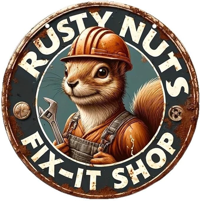 Metal Retro Shell Gasoline Wall Art, Creativity Art Decorations, Garden Sign Outside Decor，Wall Sculpture， Hanging Sculpture for Living Room Dining Room Bedroom Yard Outdoor Decor (Squirrel Worker)