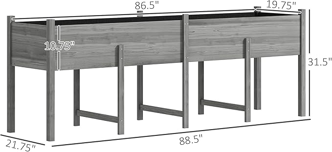 Outsunny Wooden Raised Garden Bed with Legs, Large Elevated Planter Box with Bed Liner and Drain Holes for Vegetables Flowers Herbs, Outdoor and Indoor, 7.4' x 1.8' x 2.6', Gray