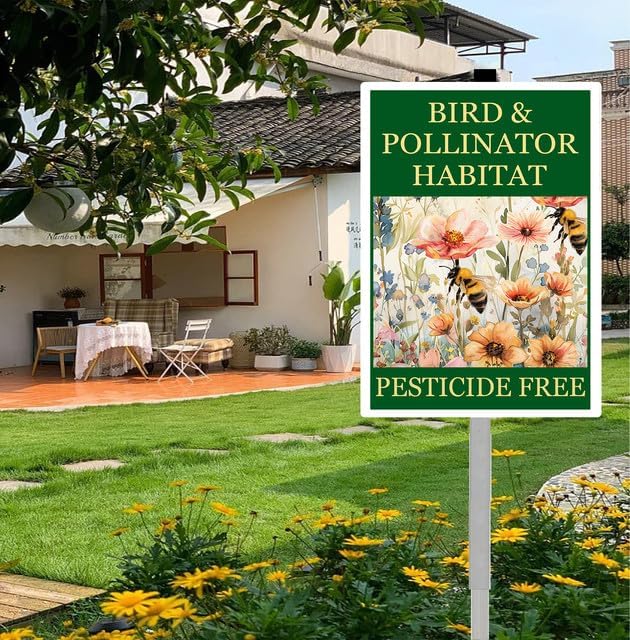 Bird and Pollinator Habitat Pesticide Free Yard Sign With Stakes 8X12 inches Rustproof Reflective Aluminum Pollinator Friendly Garden Sign Stand Bee Outdoor Decor
