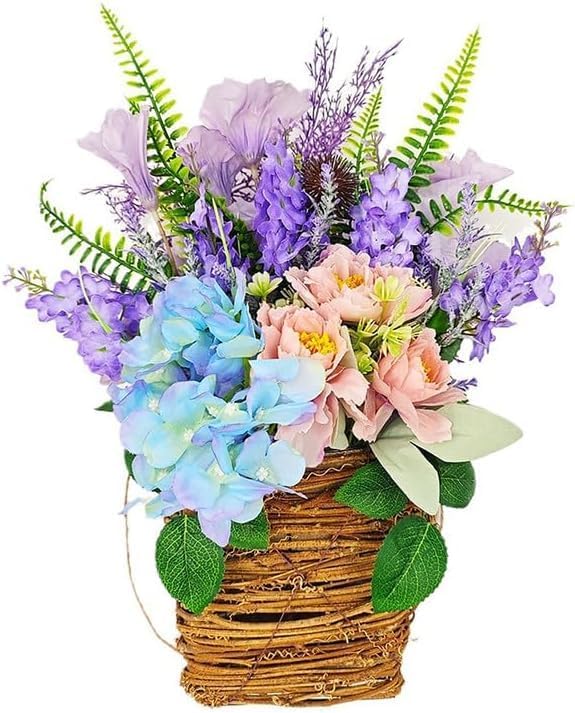 Cream Hydrangea Door Hanger Basket Wreath, Wildflowers Door Hanging Basket, Front Door Beautiful Artificial Spring and Summer Wreath Welcome Sign, Home Porch Farmhouse Decor (D)