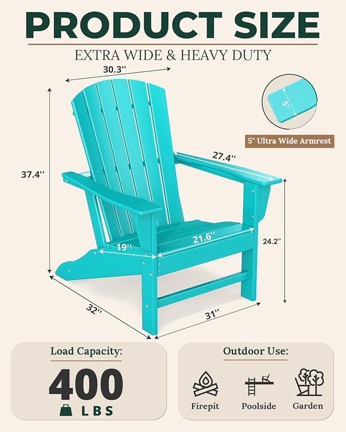 BRIOPAWS Adirondack-Chairs-Set of 2 | Fire Pit Chair | Oversized | HDPE Plastic | Weather Resistant | for Deck Outdoor Poolside Campfire | Aqua