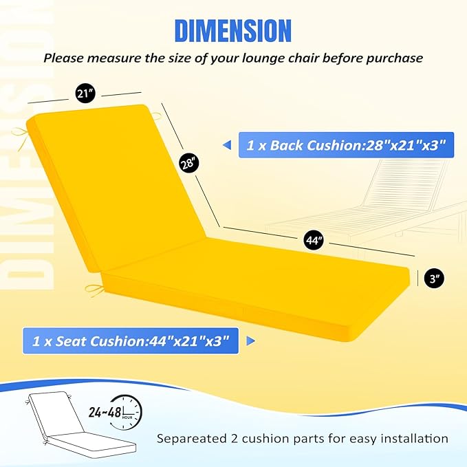 Basic Beyond Chaise Lounge Cushions Outdoor, 3-Layer Waterproof Outdoor Furniture Cushions with Removable Cover and 4 Ties, 72"x21"x3" Patio Lounge Chair Cushions for Outdoor Furniture, Yellow