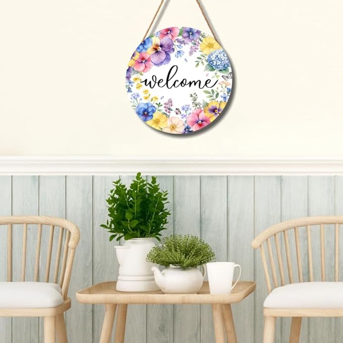 Spring Summer Welcome Door Sign Round 12 X 12 Inches Floral Welcome Wall Pediment Farmhouse Butterfly Spring Sign for Yard Porch Seasonal Summer Decoration