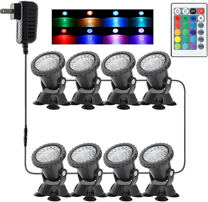 Pond Lights, Color Changing Spotlight Underwater Colored LED Fountain Lights Outdoor Landscape Spot Light RGB IP68 Waterproof Submersible Dimmable for Garden Yard Lawn Halloween (8 Lights)