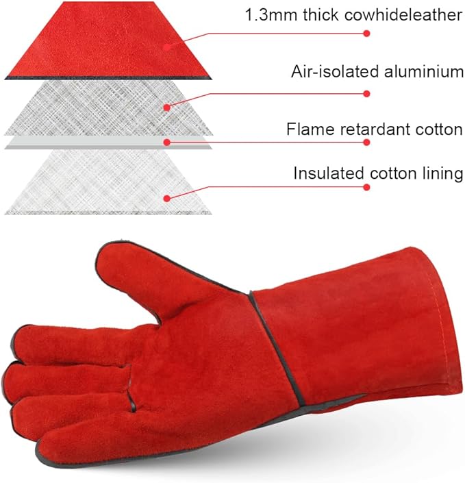 AUAUY Heat & Fire Resistant Gloves Leather BBQ Gloves Wear Resistant Heavy-Duty Welding Gloves for Grinding,Baking,Gardening