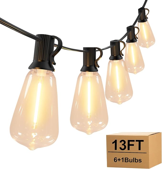 Outdoor String Lights with ST38 Clear Globe Bulbs, Black Cord, Waterproof LED Edison Filament Decorative Lighting for Patio, Garden, Backyard (ST38 Bulbs, 13FT)