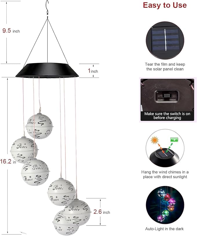 Solar Wind Chimes for Outside, Birthday Grardening Gifts for Mom Grandma Women, Color Changing Ball Christmas Decorations Wind Chimes Outdoor Solar Hanging Lights for Garden Yard Patio Party