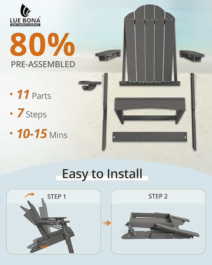 LUE BONA Folding Adirondack Chair, Chairs Set of 2, Cup Holder, Woodgrain, Fire Pit, Patio, Pool, Dark Grey
