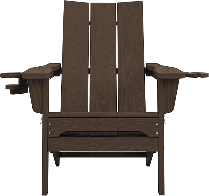 SERWALL Modern Adirondack Chairs Set of 6, Folding Adirondack Chair with Cup Holders, Outdoor HDPE Adirondack Chair for Patio Lawn Garden, Coffee