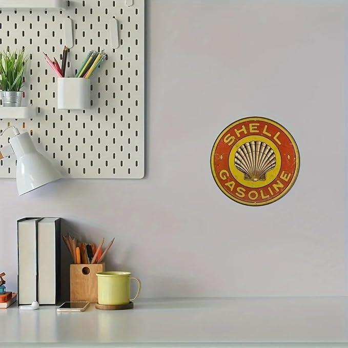 Metal Retro Shell Gasoline Wall Art, Creativity Art Decorations, Garden Sign Outside Decor，Wall Sculpture， Hanging Sculpture for Living Room Dining Room Bedroom Yard Outdoor Decor (Shell Gasoline)