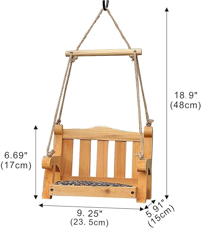 2pk Cedar Swing Birdfeeder,Traditional Regency Seat Style, Solid Wood Hand Curve Cutting, Rustic Proof Metal Mesh Tray, Bird Feeder for Outside, BJD Dolls Swing
