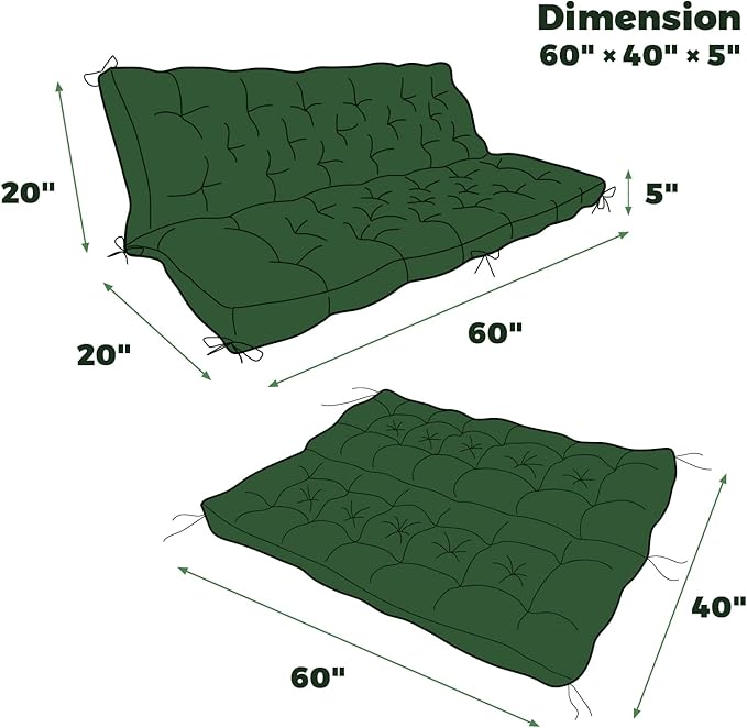 Porch Swing Cushions, Patio Swing Cushions Waterproof for Outdoor Furniture Thickened Outdoor Swing Bench Cushions 2-3 Seater Replacement with Ties for Outdoor Patio Swing (Green, 60x40 in)