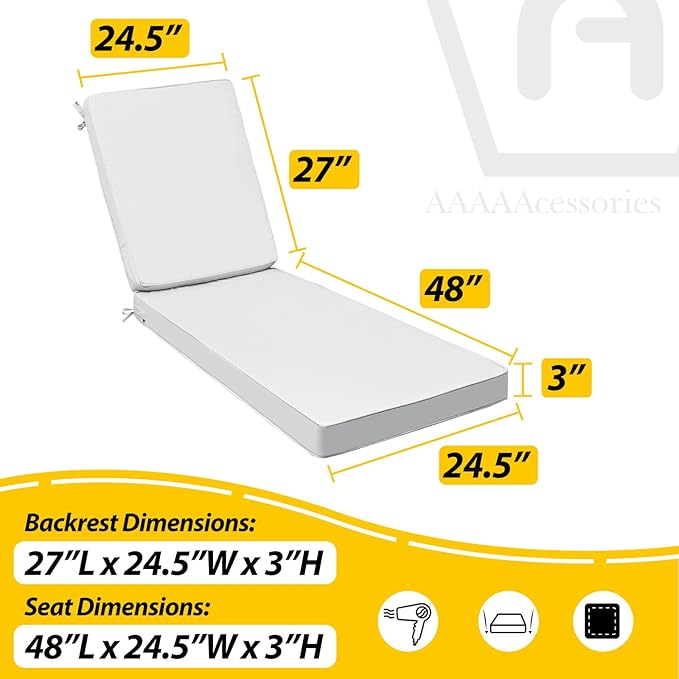 AAAAAcessories Outdoor Chaise Lounge Cushions, Fade-Resistant, Waterproof Patio Furniture Replacement Cushions, 75" x 24.5" x 3", Creamy White