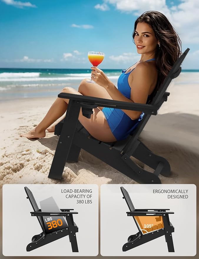 Folding Adirondack Chair Set of 4, Wooden Textured Plastic Adirondack Chairs with 2 Cup Holder, Weather Resistant HDPE Fire Pit Chair, Outdoor Patio Chairs for Garden, Backyard, Lawn, Deck, Black