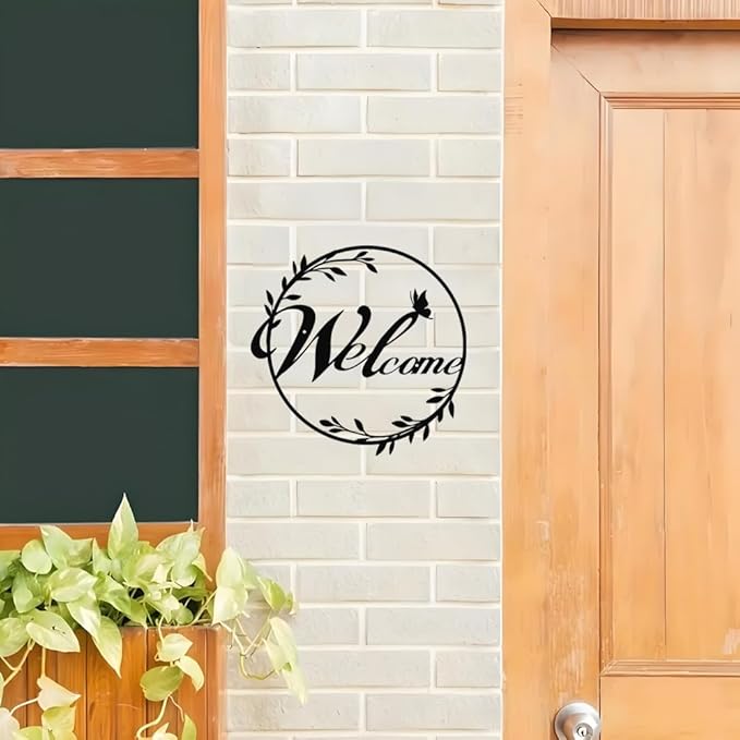 Metal Welcome Sign Front Door Decoration- Large 14.56" Black Metal Wall Art with Butterfly & Round Wreath, Indoor Outdoor Home Wall Hanging Decor for Living Room, Porch, Kitchen, Housewarming Gifts
