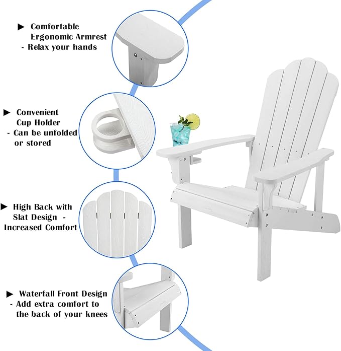 Adirondack Chair Weather Resistant , Hard Plastic Adirondack Chair with Cup Holder, Comfortable Easy to Assemble and Maintain, Outdoor Chair for Patio, Backyard Deck, Fire Pit Lawn Porch - White