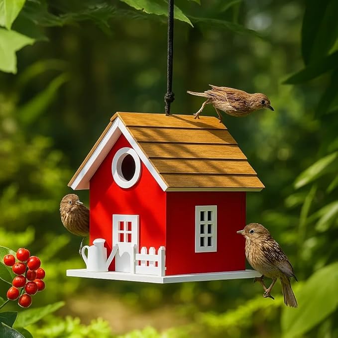 Vinyl Water Proof Bird House for Outside, Shingle Roof Bluebird House Nesting Box, Squirrel Proof Hanging Birdhouse, 5 Years Weatherable for Outdoor Decoration,Bird Box for Pole (Red)