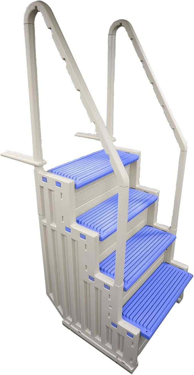 Confer Plastics Step-1X Above Ground Pool Entry System – Dual Handrails, Slip-Resistant Steps, Supports 400 lbs, Easy Installation, Warm Grey with Blue Treads, Made in USA