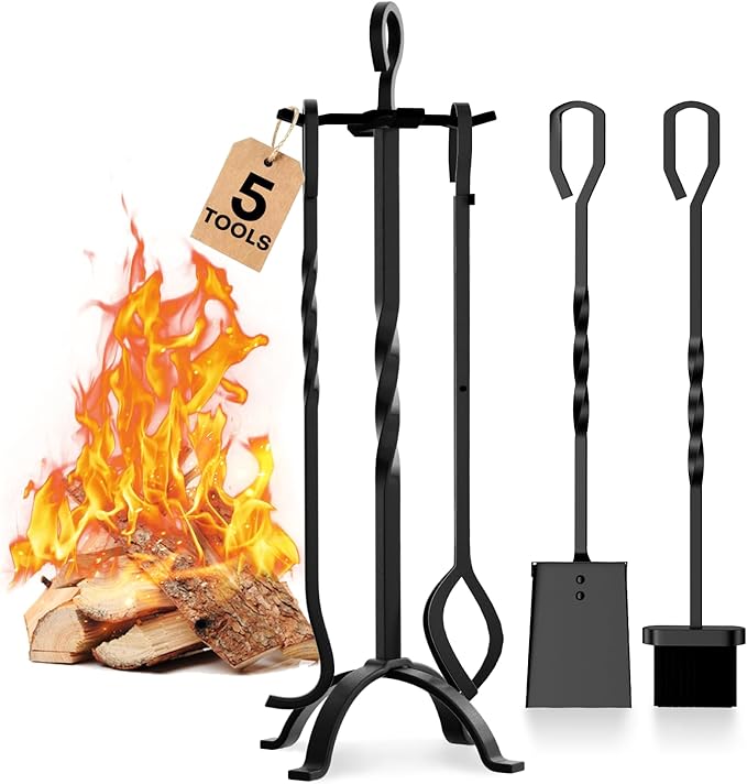 COMFYHOME Fireplace Tools 5 Pcs, 32-Inch Wrought Iron Fireplace Tools Set with Ergonomic Handle, Fire Poker, Tong, Shovel, Brush, Stand for Outdoor Indoor Fire Pit, Modern Fireplace Kit, Black