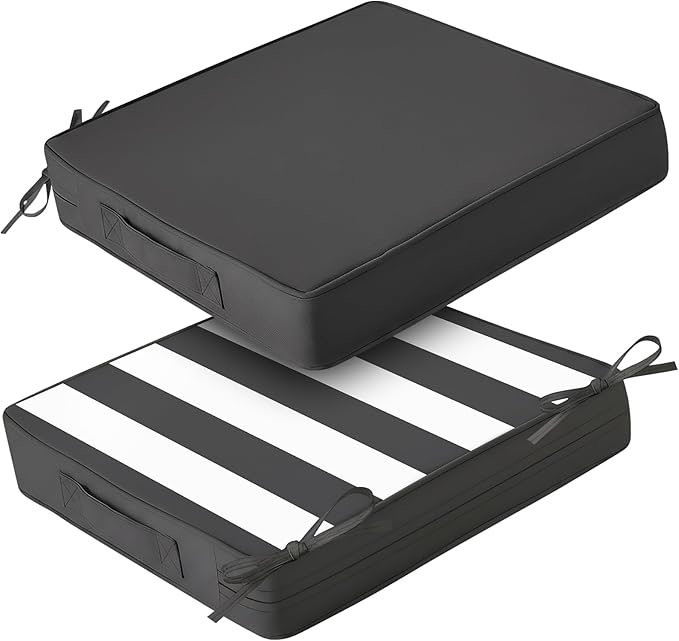 Amagenix Outdoor Chair Cushions Set of 2, 18.5"x16"x3" Waterproof Outdoor Seat Cushions for Patio Furniture, Stripe Reversible Patio Cushions with Ties &Handle &Hidden Zipper, Fade-Resistant,Dark Grey