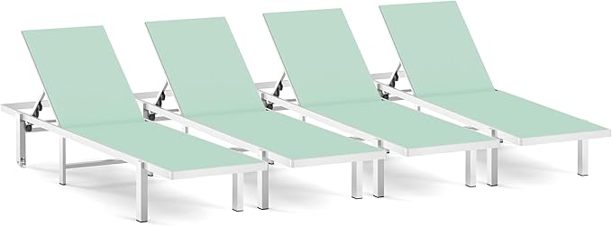 Pool Chaise Lounge Chair Set of 4, Outdoor Lounge Chairs with Wheels, 5-Position Adjustable Sun Loungers for Outside, Deck, Beach, Light Green