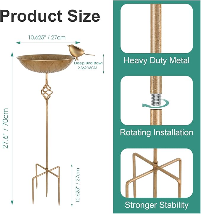 Bird Bath for Outside,Metal Birds Bath Bowl for Outdoors,27.6" H Bird Feeder & Water Feeders with 5 Prongs Base Stake,Vintage Free Standing Garden Patio Lawn Yard Decor
