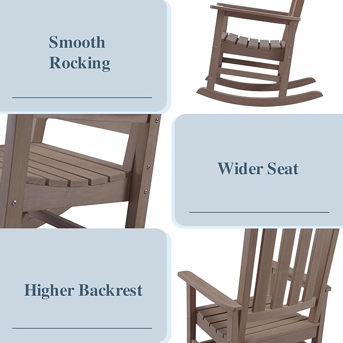 Psilvam Oversized Outdoor Rocking Chair, with 21" Wide Seat and 32" Tall Backrest, Pre-Assembled with Most Components for Effortless Installation (Brown)