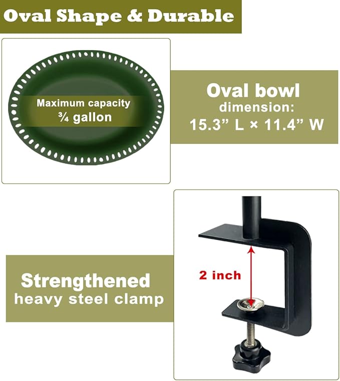 Garbuildman Deck Mounted Bird Bath Bowl Spa Birdfeeder & Adjustable Unheated Birdbath with Heavy Duty Clamp for Outdoor Garden, Oval Style, Green