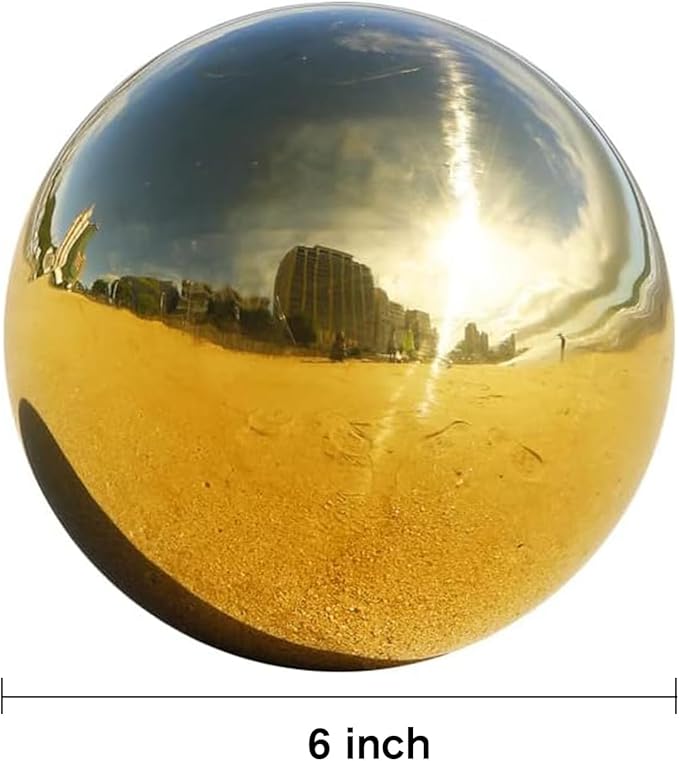 Nerien 6 Inch Gazing Ball, Stainless Steel Garden Mirror Globe, Polished Ornament Sphere, Hollow Floating Reflective Hemisphere, Home Outdoor Pond Housewarming Swimming Pool Decoration Gifts, Gold