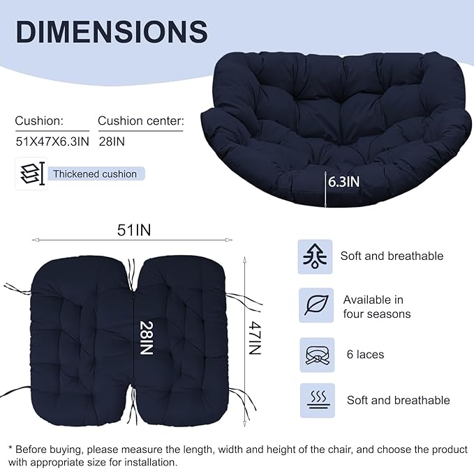 Outdoor Rocking Chair Cushion – Waterproof Wicker Egg Chair Replacement Pad, Thick Papasan Seat Cushion with Ties for Indoor & Outdoor Patio, Porch, Balcony, or Garden (Navy Blue)