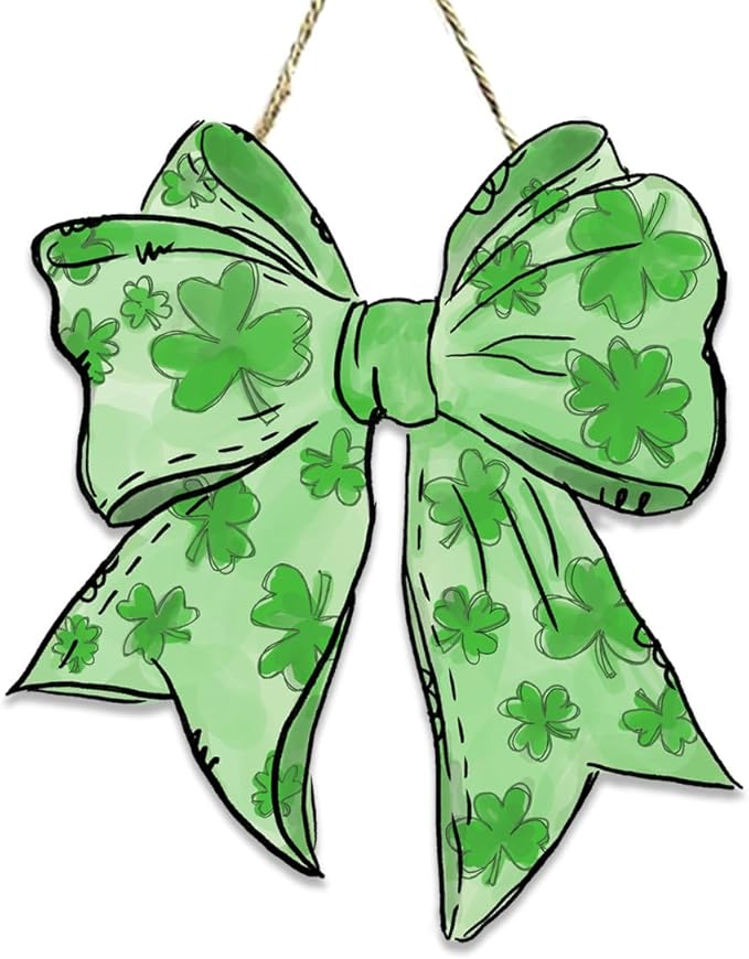St Patricks Day Door Decorations, St Patricks Day Decorations, Shamrock Door Decoration, Lucky Charm Shamrock Bow Wood Hanging Sign for Office Party Porch Yard Outdoor Indoor Home Decor