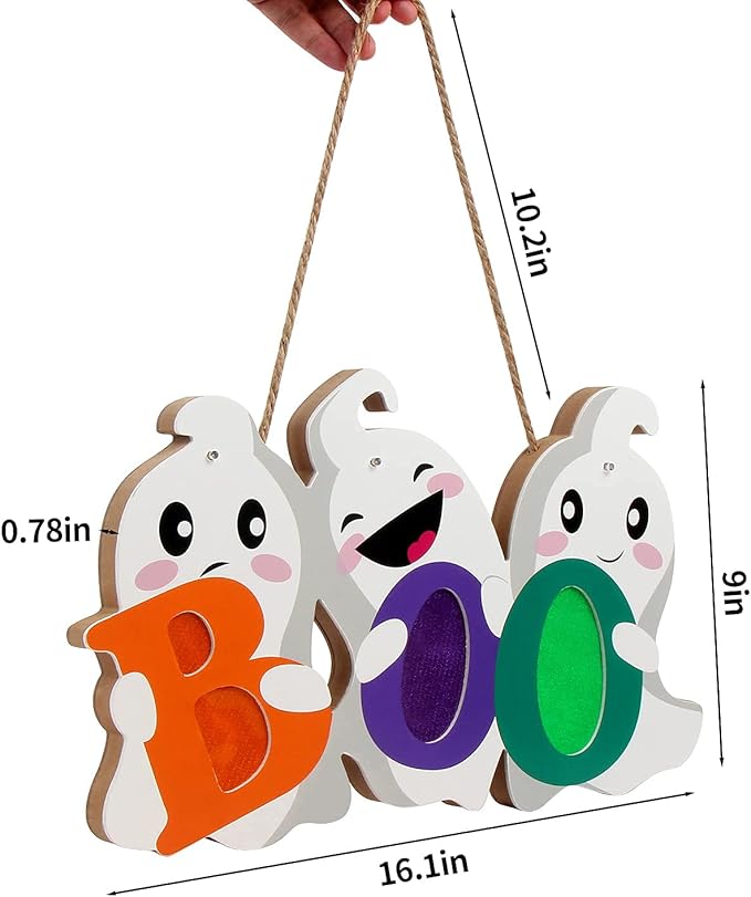 FINGOOO Halloween Door Decor Hanging Sign, BOO Ghost Halloween Door Hanger with Light for Front Door Decorations Outdoor