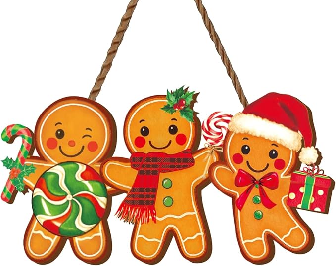 Whaline Christmas Wooden Hanging Sign Gingerbread Man Candy Welcome Wood Sign Xmas Holiday Door Decor Signs for Indoor Outdoor Porch Wall