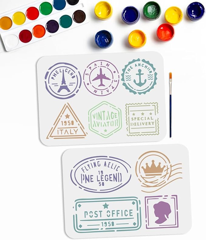 MAYJOYDIY 10 Styles Postal Stencil 11.7×8.3inch Vintage Stamp Travel Seal Stencil with Paint Brush Reusable Post Office Airplane Anchor Drawing Templates for Crafts Furniture Wood Canvas Home Decor