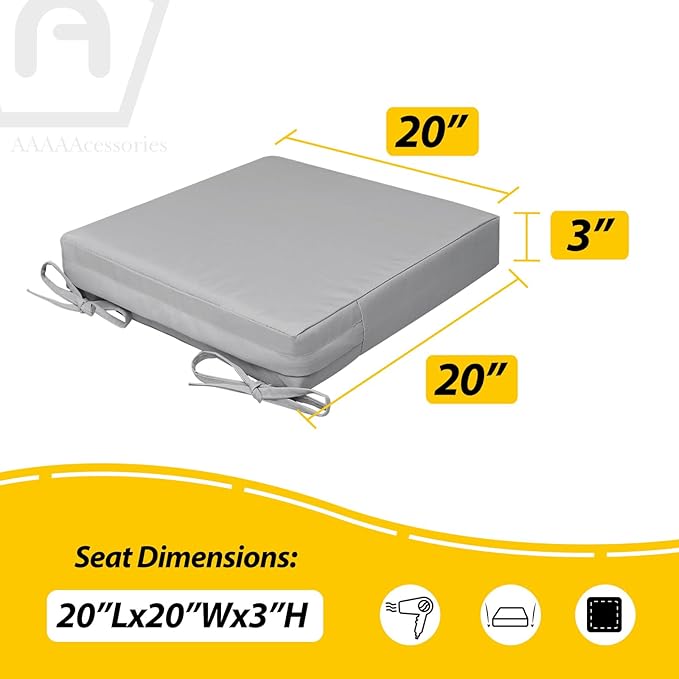 AAAAAcessories Outdoor Seat Cushions for Chairs, Waterproof, Fade-Resistant, 20" x 20" x 3", Patio Furniture Replacement Cushions, Set of 2, Gray