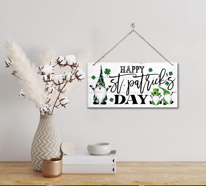 Hanging Happy St Patrick's Day Wood Decor Sign - Gnome Printed Wall Art, Irish Home Signs, Door Hanging, Rustic Farmhouse Decor