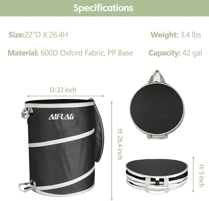 Collapsible Trash Can for Yard Waste & Camping, 42 Gallon Pop-Up Garbage Bag with Hard Bottom & Zipper Lid, Heavy Duty Reusable Outdoor Trash Can for Lawn Care, Garden, RV, Indoor Storage