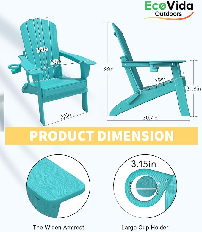 3-Piece Folding Adirondack Chair Set - 38" Extra Tall Back & Embossed Wood Grain, Oversized HDPE Patio Furniture with Side Table & Cup Holders, 380lb Heavy Duty, Aruba Blue