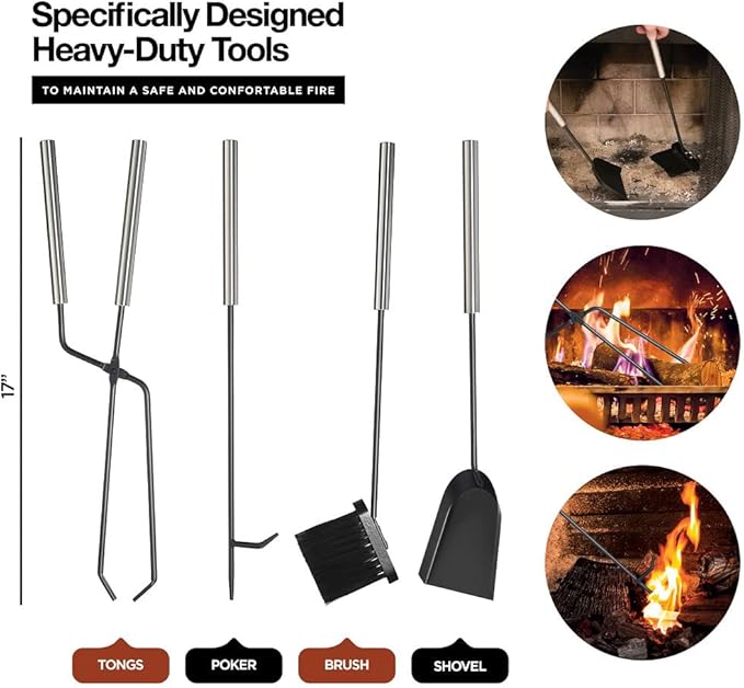 HOME IT Firewood Rack Indoor Outdoor - 2-Tier Firewood Holder with Fireplace Tools Set, Brush, Shovel, Poker, Tongs - Waterproof Steel Pipe Log Holder, Black Stove Wrought Iron - 17x12x29