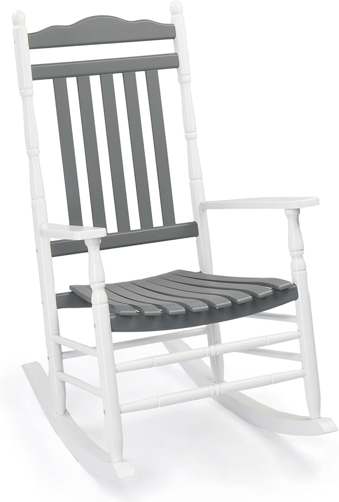 VINGLI Wooden Rocking Chair Outdoor, Patio Rockers with High Back, Support 450 LBS Rocking Chairs, for Porch, Patio, Balcony, Garden, Yard (White&Grey, 1 PC)