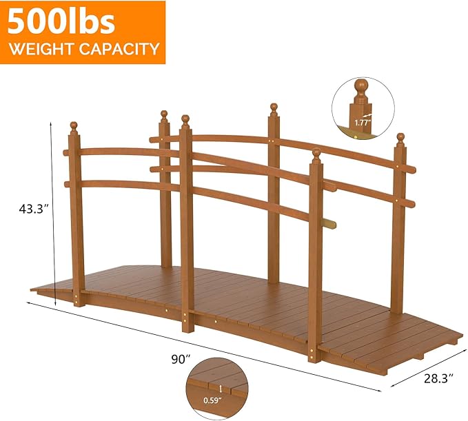 VINGLI Garden Bridge, Classic Wooden Bridge with Safety Rails, Decorative Arhced Footbridge for Patio Pond, Creek, Pathway (Brown, 7.5 ft)