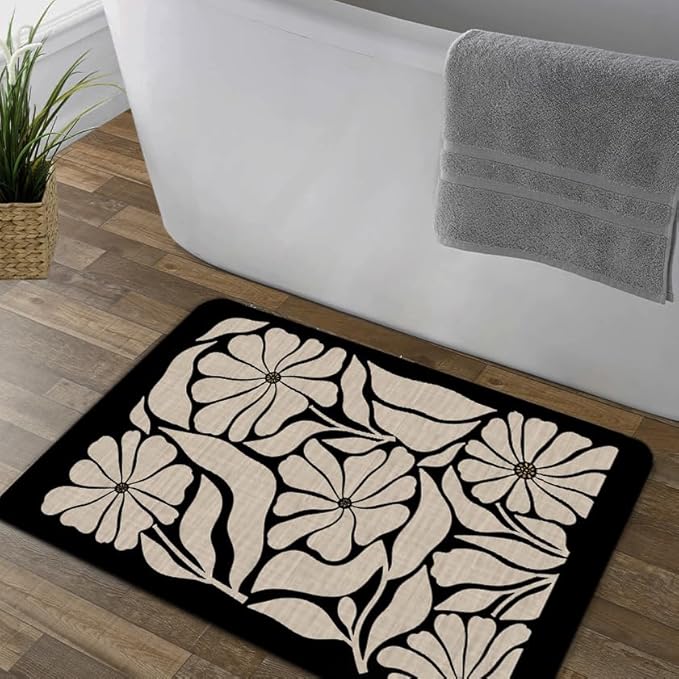 Boho Beige and Black Floral Door Mat - Bohemian Neutral Floral Front Door Welcome Mats Outdoor Entrance, 17x30 Rug