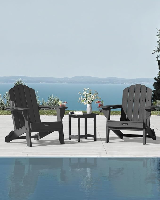 Adirondack Chairs Set of 2, HDPE Material Fire Pit Chairs, Plastic Adirondack Chairs with 2 Cup Holder, Outdoor Lawn Chair for Patio Garden，Dark Grey