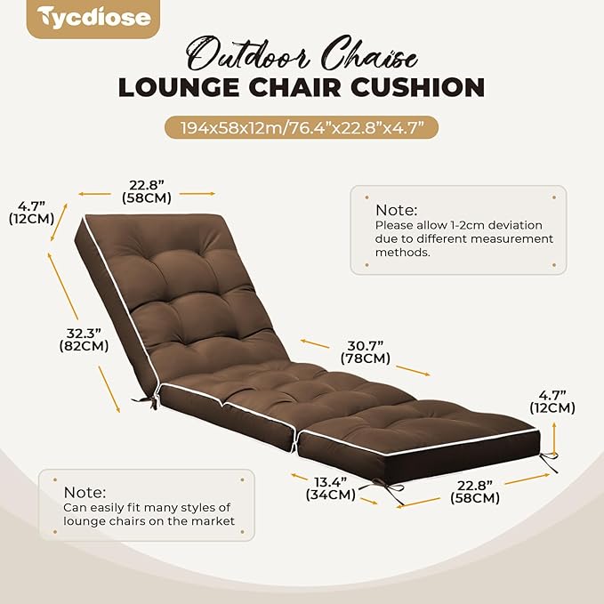 Outdoor Chaise Lounge Chair Cushion, Waterproof Non-Slip Patio Chaise Lounge Cushions for Outdoor Furniture, Thickened Patio Pool Lounger Chair Cushion, 76.4 x 22.8 x 4.7 Inches, Brown