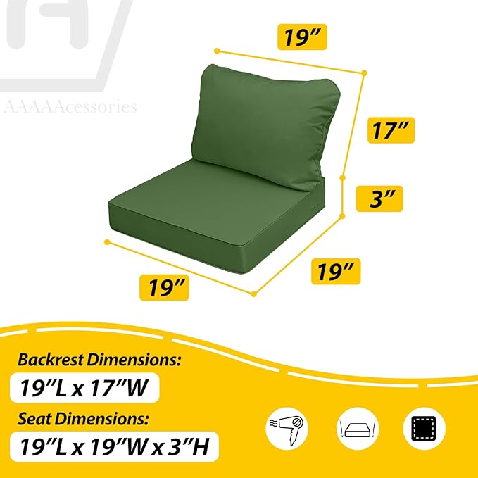 AAAAAcessories Outdoor Seat Cushions for Chairs, Fade-Resistant, Waterproof Patio Furniture Replacement Cushions, 19" x 19" x 3" + 19" x 17", Dark Moss Green